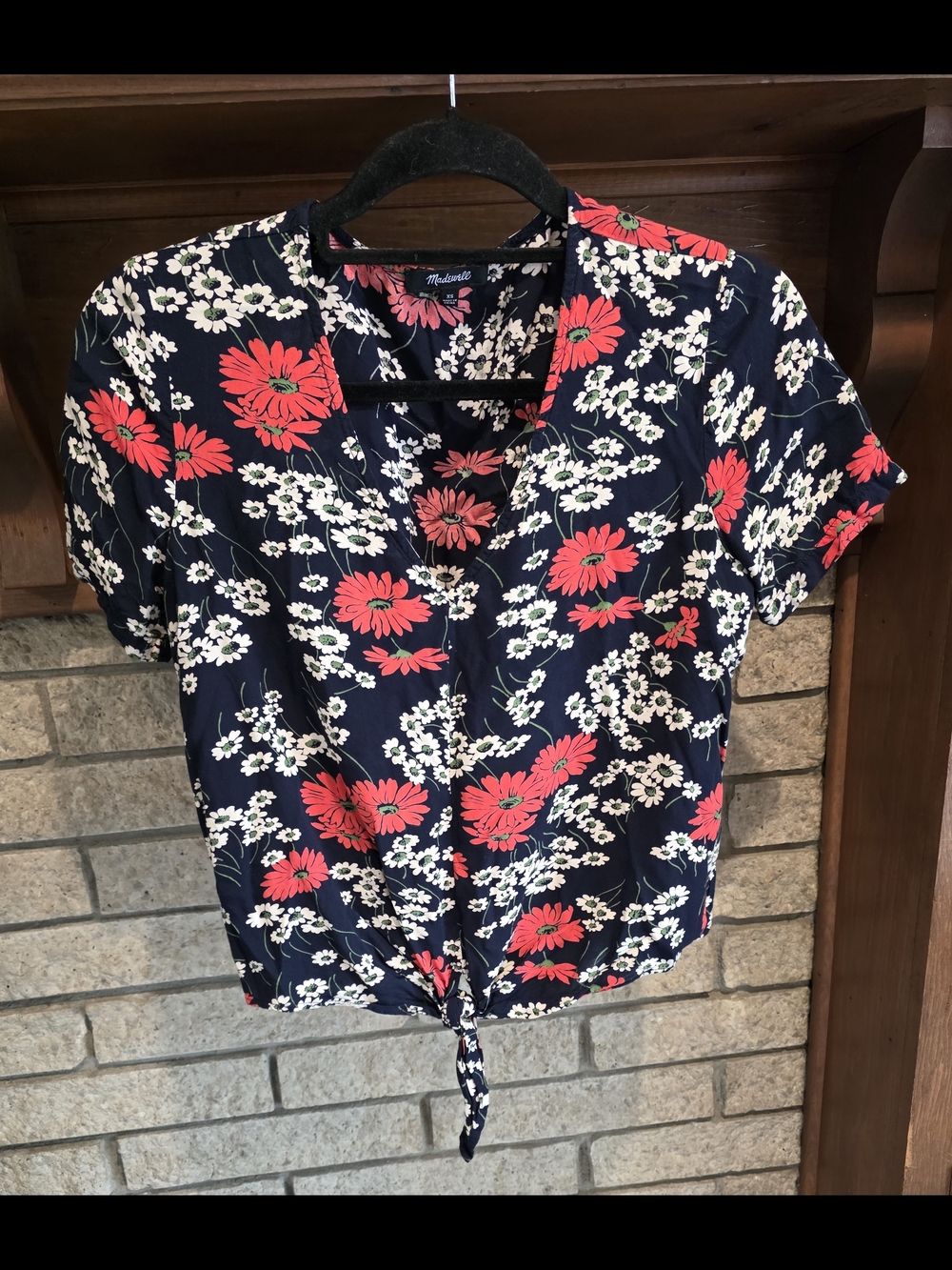 Madewell Navy Floral Tie-Front V-Neck Blouse